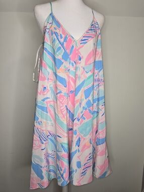 Lilly Pulitzer Clara Out to Sea Flowy Slip Silk Pink Blue Tropical Print Dress L